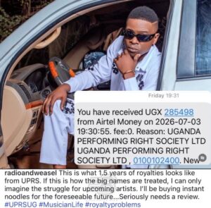Weasel Receives UGX285,000 in UPRS Royalties After 18 Months of Airplay